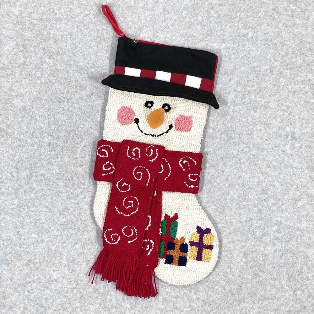 Christmas Stocking‎ Snowman 3D Needlepoint Scarf Felt Hat Presents Velvet Back